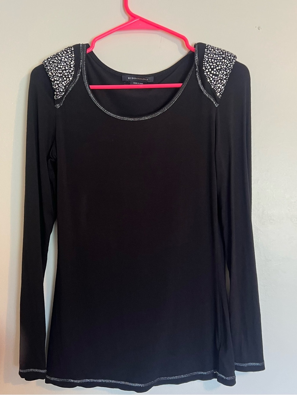 BCBGMaxAzria Black Long-Sleeve Top with Beaded Shoulder Accents